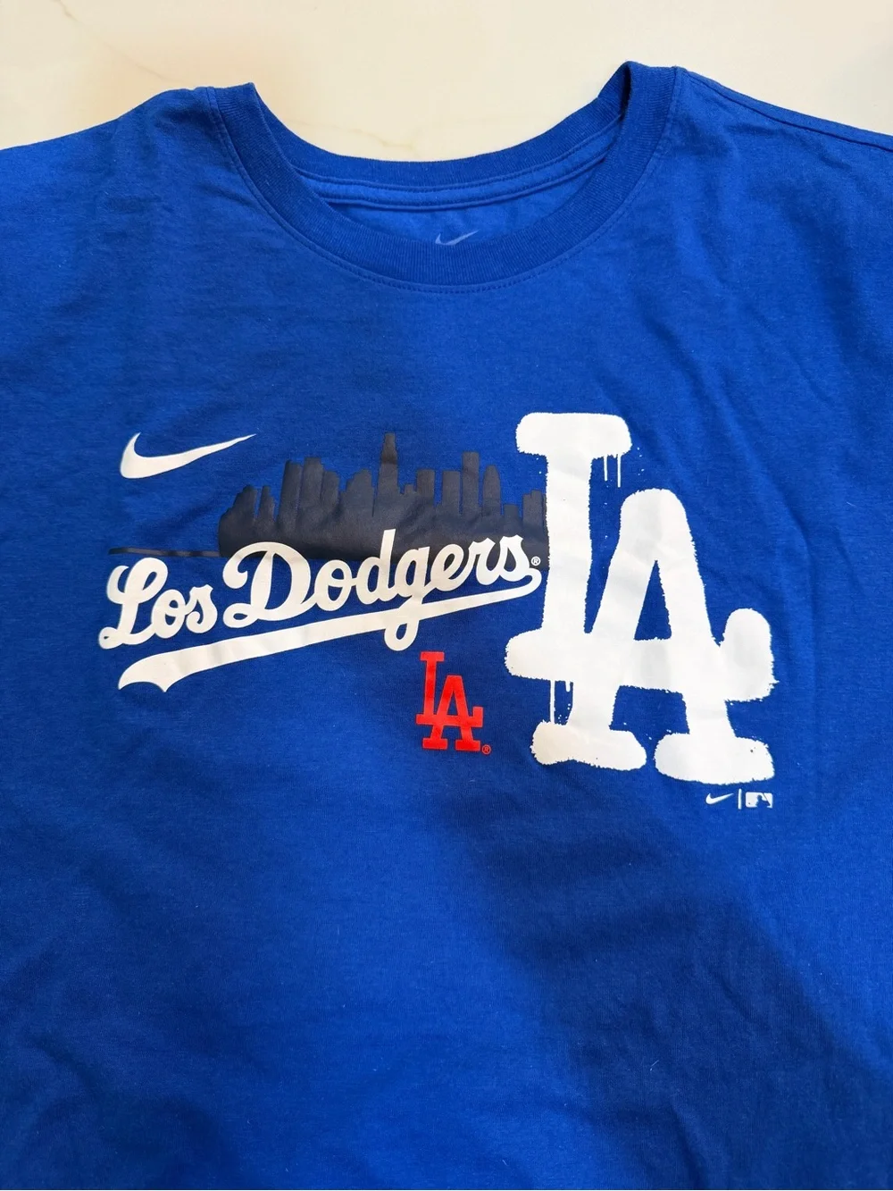 Nike Blue Los Dodgers LA Graphic Tee with White & Red Print